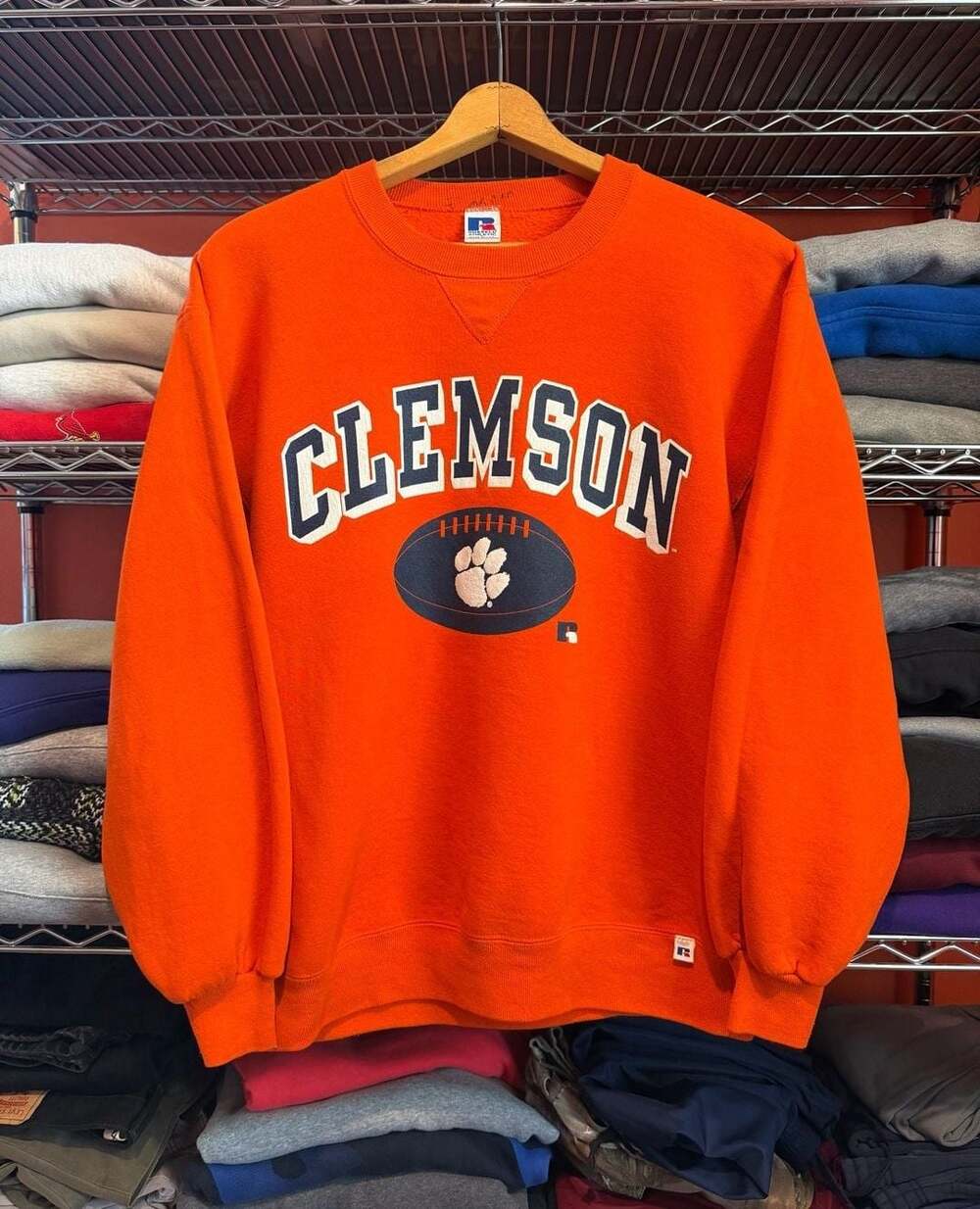 Vtg Russell Athletic Clemson Tigers Football Crewneck Sweatshirt Orange Large
